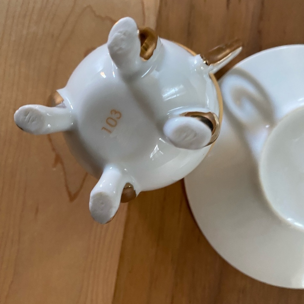 Vintage Porcelain Demitasse Elegant Gold White Footed Mini Teacup Saucer Set - Picture 12 of 15